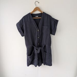 Naïf Montreal 100% Linen Short Sleeve Romper Navy Blue Belted Size Medium